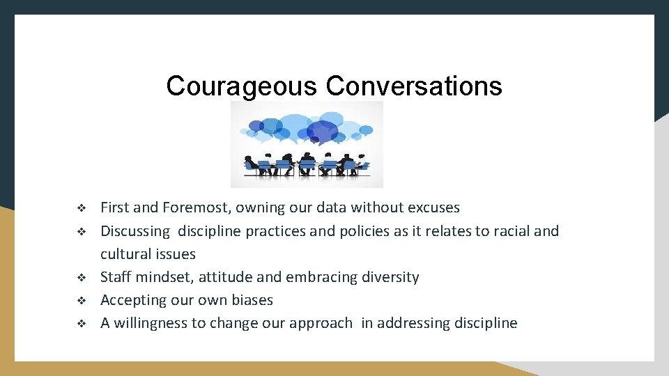 Courageous Conversations ❖ ❖ ❖ First and Foremost, owning our data without excuses Discussing