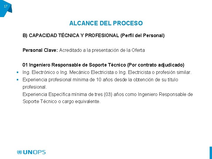 17 ALCANCE DEL PROCESO B) CAPACIDAD TÉCNICA Y PROFESIONAL (Perfil del Personal) Personal Clave: