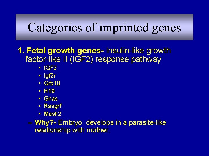 Categories of imprinted genes 1. Fetal growth genes- Insulin-like growth factor-like II (IGF 2)