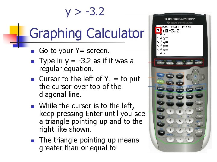 y > -3. 2 Graphing Calculator n n n Go to your Y= screen.