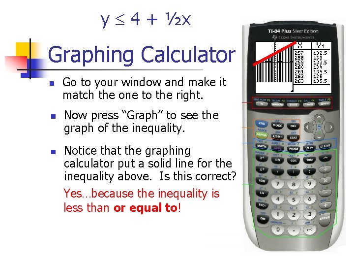 y 4 + ½x Graphing Calculator n n n Go to your window and