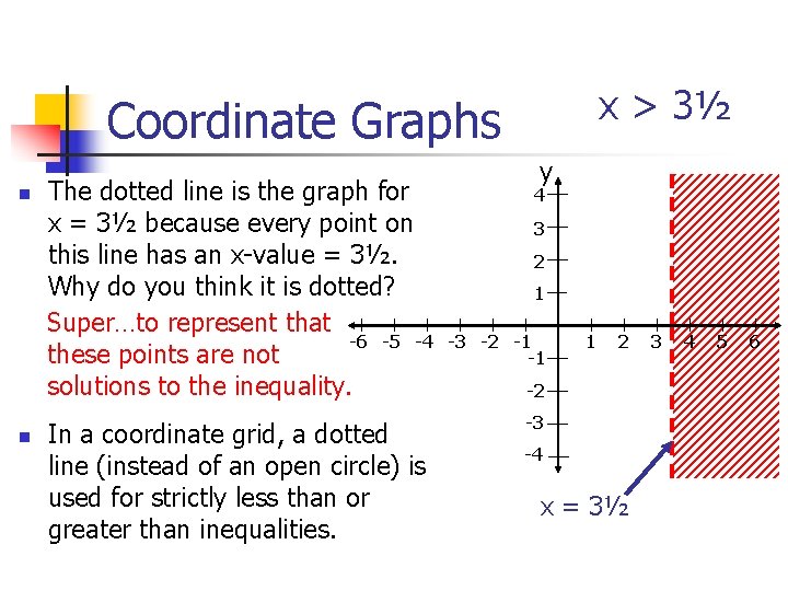 x > 3½ Coordinate Graphs n n The dotted line is the graph for