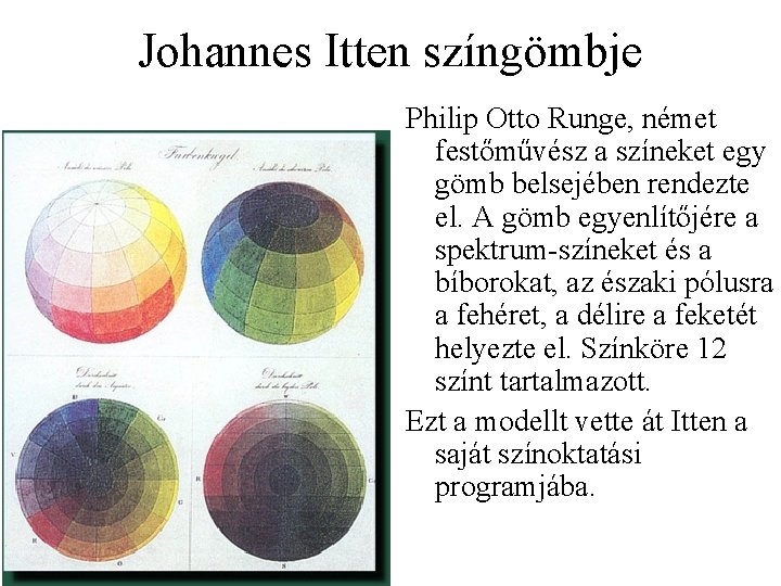 Johannes Itten színgömbje Philip Otto Runge, német festőművész a színeket egy gömb belsejében rendezte