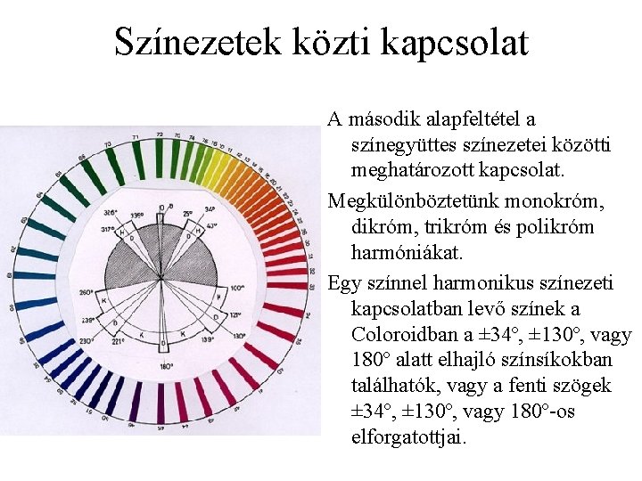 Színezetek közti kapcsolat A második alapfeltétel a színegyüttes színezetei közötti meghatározott kapcsolat. Megkülönböztetünk monokróm,