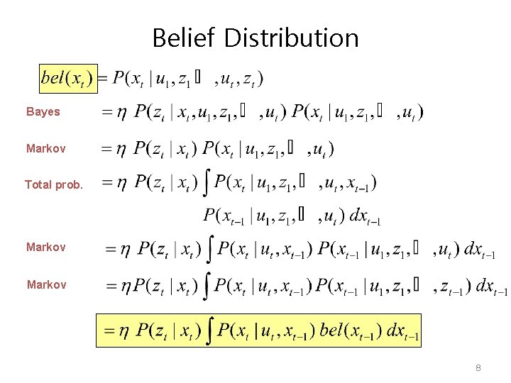 Belief Distribution Bayes Markov Total prob. Markov 8 
