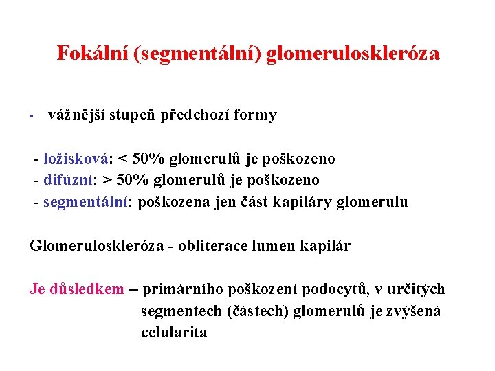 Fokální (segmentální) glomeruloskleróza § vážnější stupeň předchozí formy - ložisková: < 50% glomerulů je