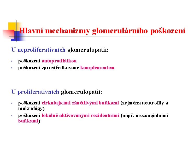 Hlavní mechanizmy glomerulárního poškození U neproliferativních glomerulopatií: § § poškození autoprotilátkou poškození zprostředkované komplementem