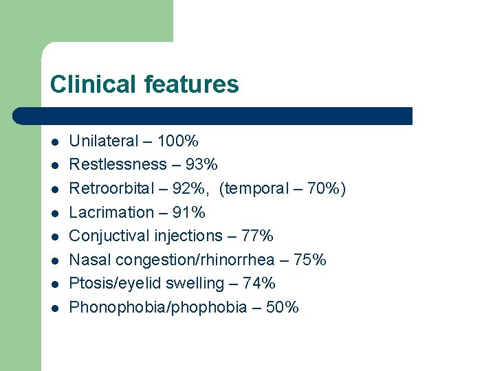 Clinical features l l l l Unilateral – 100% Restlessness – 93% Retroorbital –