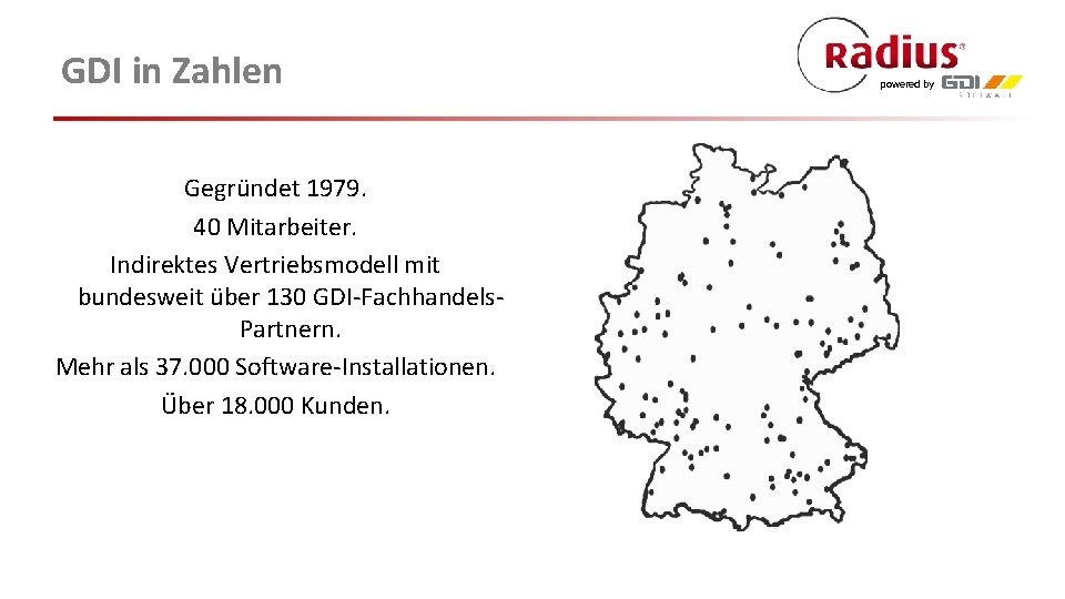 GDI in Zahlen Gegründet 1979. 40 Mitarbeiter. Indirektes Vertriebsmodell mit bundesweit über 130 GDI-Fachhandels.