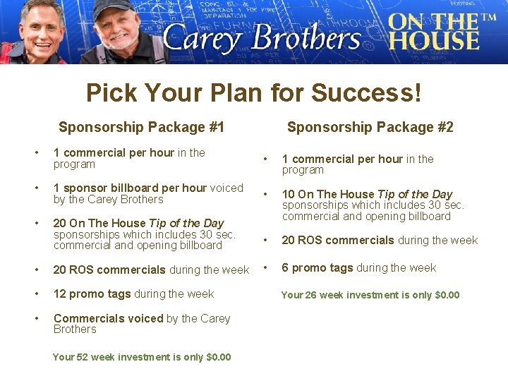 Pick Your Plan for Success! Sponsorship Package #1 Sponsorship Package #2 • 1 commercial