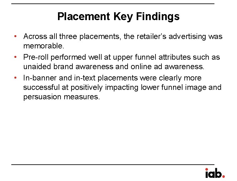 Placement Key Findings • Across all three placements, the retailer’s advertising was memorable. • Placement Key Findings • Across all three placements, the retailer’s advertising was memorable. •