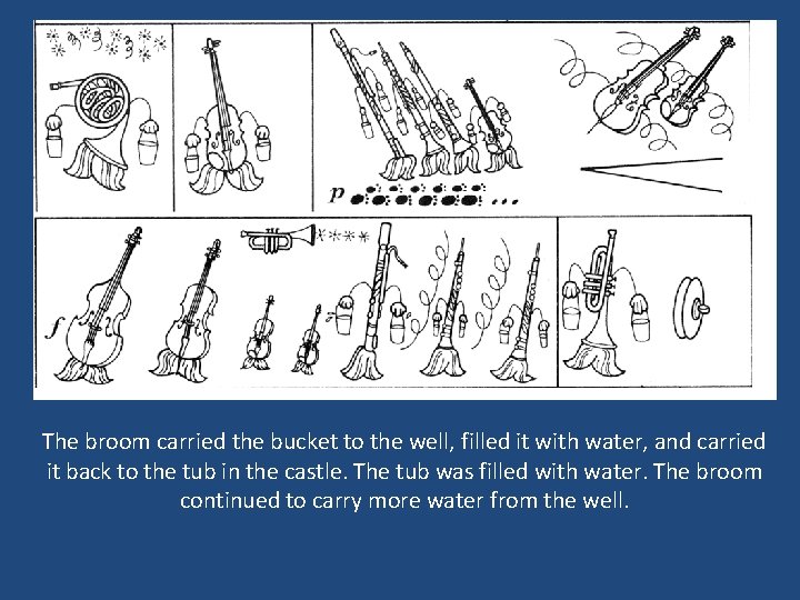 The broom carried the bucket to the well, filled it with water, and carried