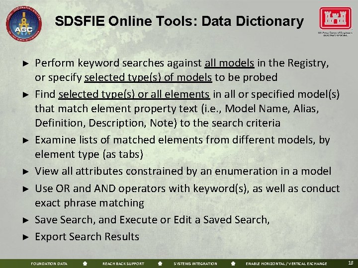 SDSFIE Online Tools: Data Dictionary ► ► ► ► Perform keyword searches against all
