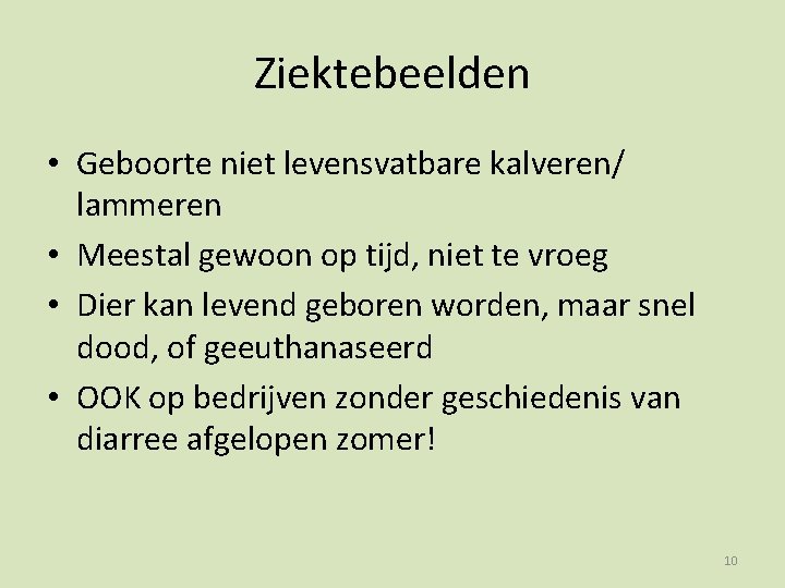 Ziektebeelden • Geboorte niet levensvatbare kalveren/ lammeren • Meestal gewoon op tijd, niet te