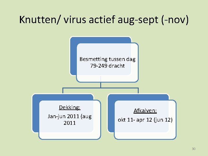 Knutten/ virus actief aug-sept (-nov) Besmetting tussen dag 79 -249 dracht Dekking: Jan-jun 2011