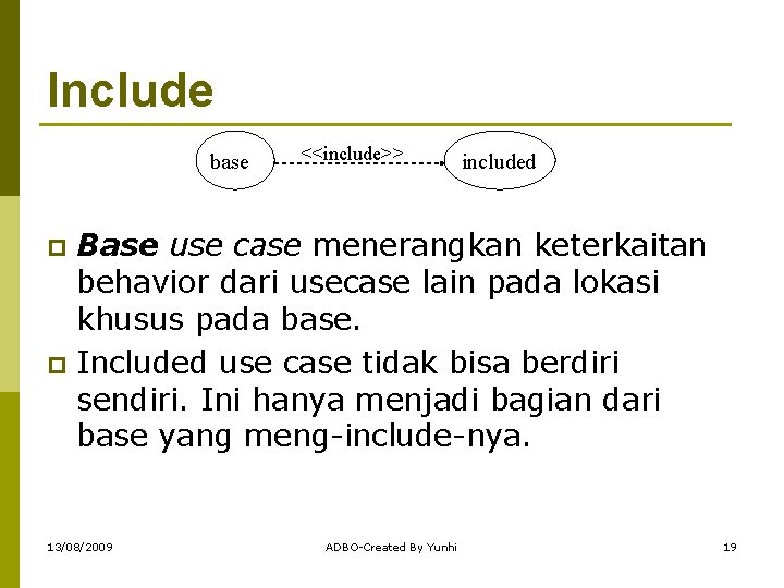 Include base <<include>> included Base use case menerangkan keterkaitan behavior dari usecase lain pada