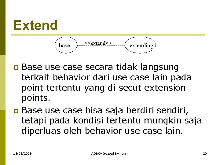 Extend base <<extend>> extending Base use case secara tidak langsung terkait behavior dari use