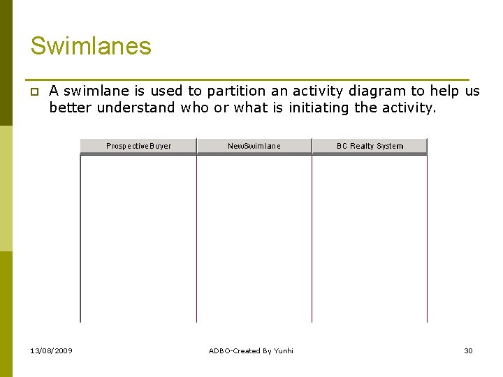 Swimlanes p A swimlane is used to partition an activity diagram to help us