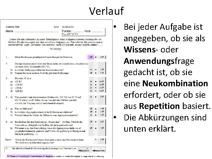 Verlauf • Bei jeder Aufgabe ist angegeben, ob sie als Wissens- oder Anwendungsfrage gedacht