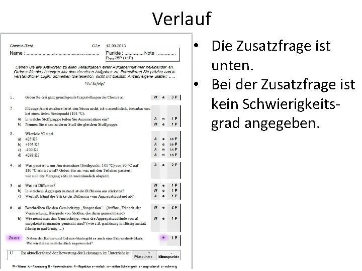 Verlauf • Die Zusatzfrage ist unten. • Bei der Zusatzfrage ist kein Schwierigkeitsgrad angegeben.