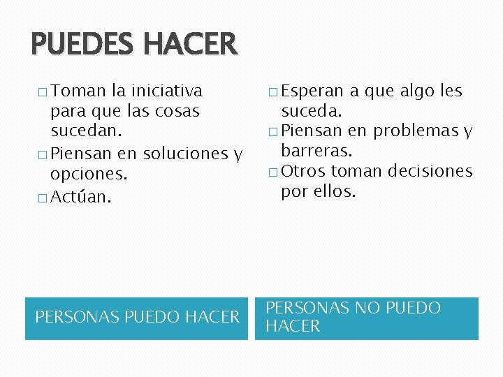 PUEDES HACER � Toman la iniciativa para que las cosas sucedan. � Piensan en