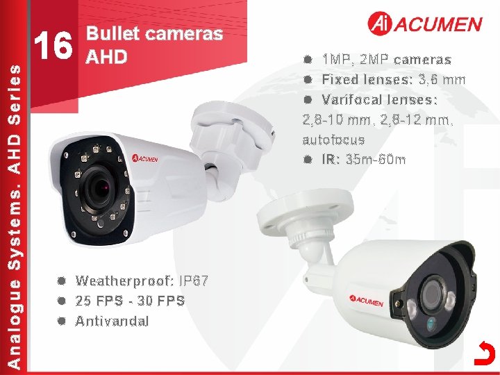 Analogue Systems. AHD Series 16 Bullet cameras AHD l Weatherproof: IP 67 l 25