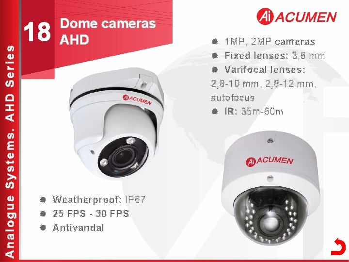 Analogue Systems. AHD Series 18 Dome cameras AHD l Weatherproof: IP 67 l 25