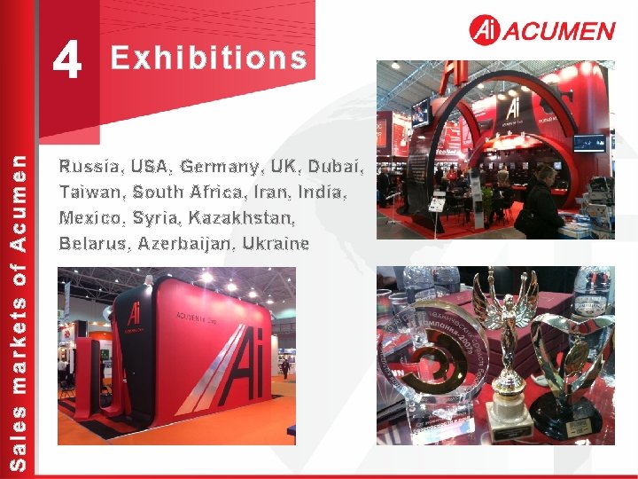 Sales markets of Acumen 4 Exhibitions Russia, USA, Germany, UK, Dubai, Taiwan, South Africa,