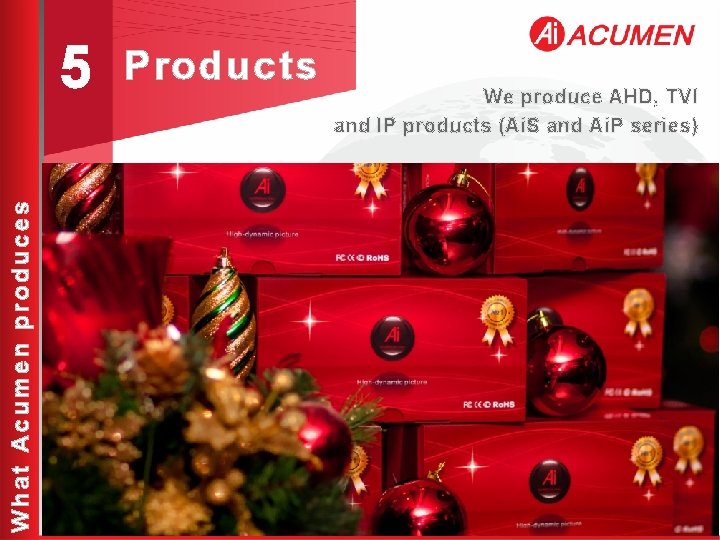 What Acumen produces 5 Products We produce AHD, TVI and IP products (Ai. S