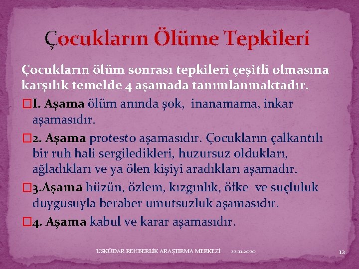 Çocukların Ölüme Tepkileri Çocukların ölüm sonrası tepkileri çeşitli olmasına karşılık temelde 4 aşamada tanımlanmaktadır.