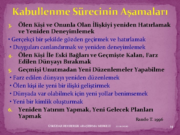 Kabullenme Sürecinin Aşamaları Ölen Kişi ve Onunla Olan İlişkiyi yeniden Hatırlamak ve Yeniden Deneyimlemek