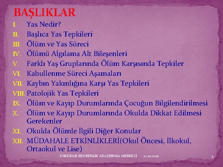 BAŞLIKLAR Yas Nedir? II. Başlıca Yas Tepkileri III. Ölüm ve Yas Süreci IV. Ölümü