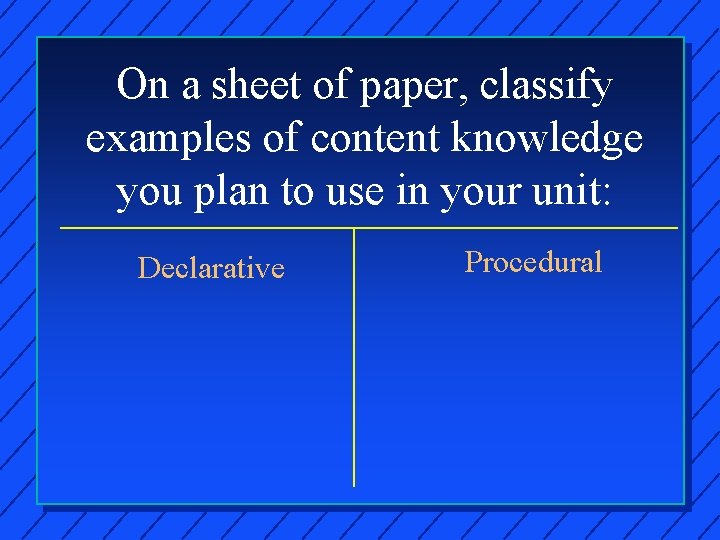On a sheet of paper, classify examples of content knowledge you plan to use