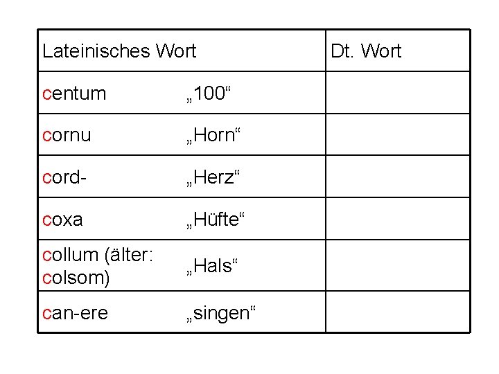 Lateinisches Wort centum „ 100“ cornu „Horn“ cord- „Herz“ coxa „Hüfte“ collum (älter: colsom)