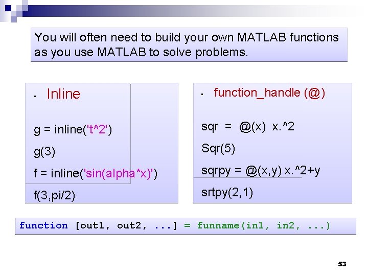You will often need to build your own MATLAB functions as you use MATLAB You will often need to build your own MATLAB functions as you use MATLAB