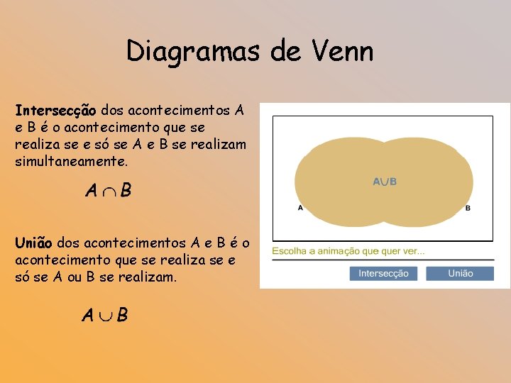 Diagramas de Venn Intersecção dos acontecimentos A e B é o acontecimento que se