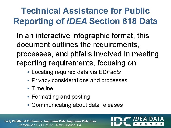 Technical Assistance for Public Reporting of IDEA Section 618 Data In an interactive infographic