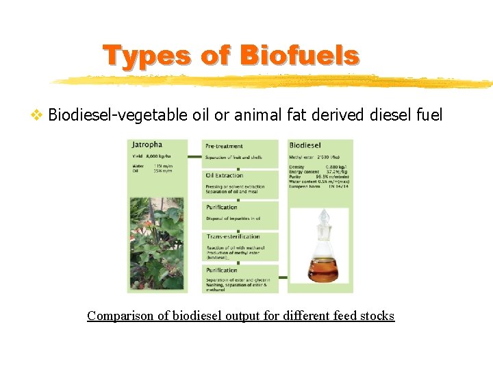 Types of Biofuels v Biodiesel-vegetable oil or animal fat derived diesel fuel Comparison of