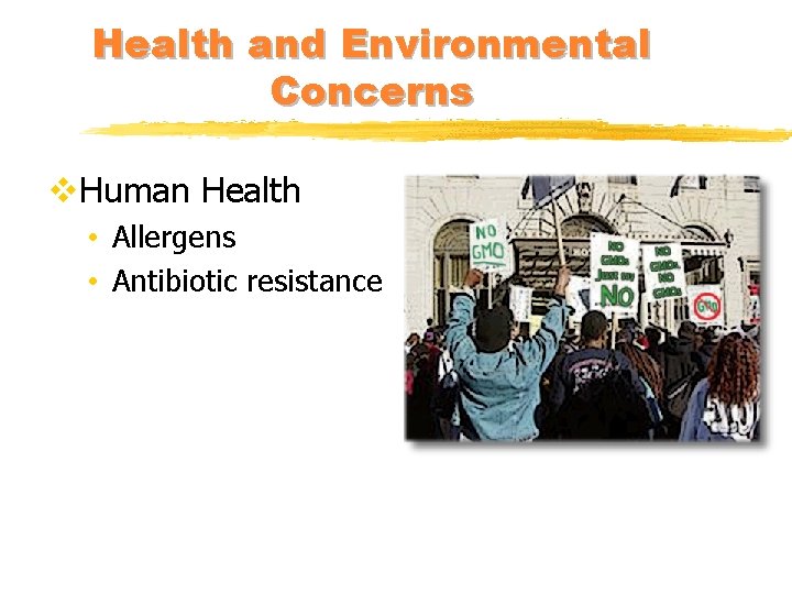 Health and Environmental Concerns v. Human Health • Allergens • Antibiotic resistance 