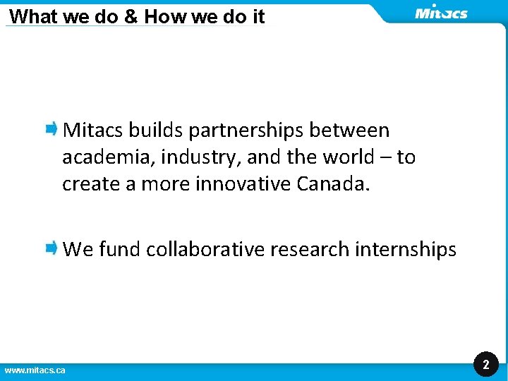 What we do & How we do it Mitacs builds partnerships between academia, industry,