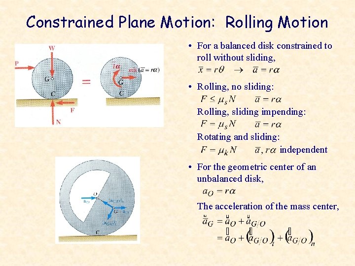 Constrained Plane Motion: Rolling Motion • For a balanced disk constrained to roll without