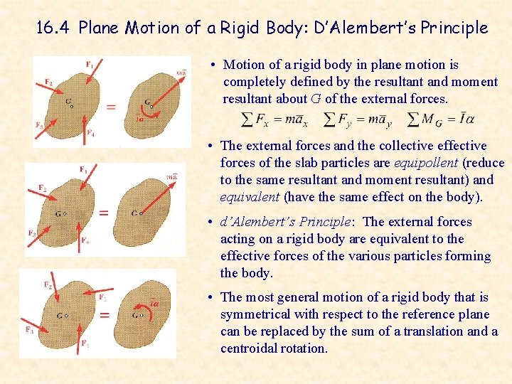 16. 4 Plane Motion of a Rigid Body: D’Alembert’s Principle • Motion of a