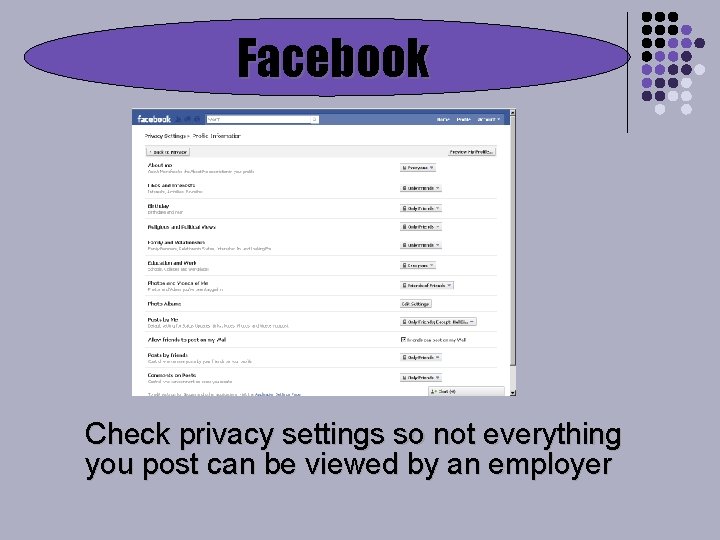 Facebook Check privacy settings so not everything you post can be viewed by an