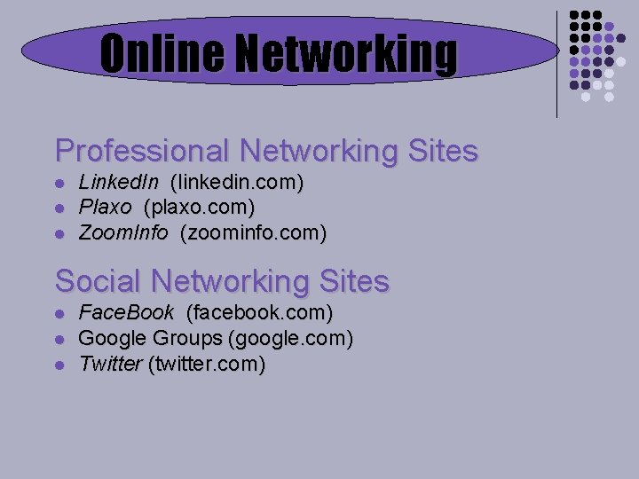 Online Networking Professional Networking Sites l l l Linked. In (linkedin. com) Plaxo (plaxo.