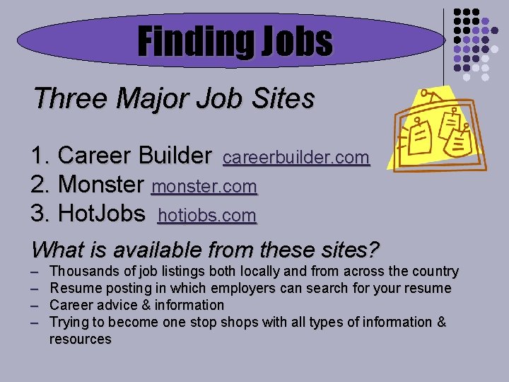 Finding Jobs Three Major Job Sites 1. Career Builder careerbuilder. com 2. Monster monster.