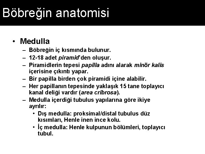 Böbreğin anatomisi • Medulla – Böbreğin iç kısmında bulunur. – 12 -18 adet piramid’den