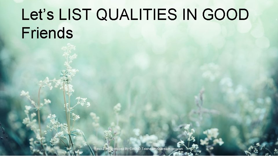Let’s LIST QUALITIES IN GOOD Friends Resource Developed By CACND Telehealth Outreach program 