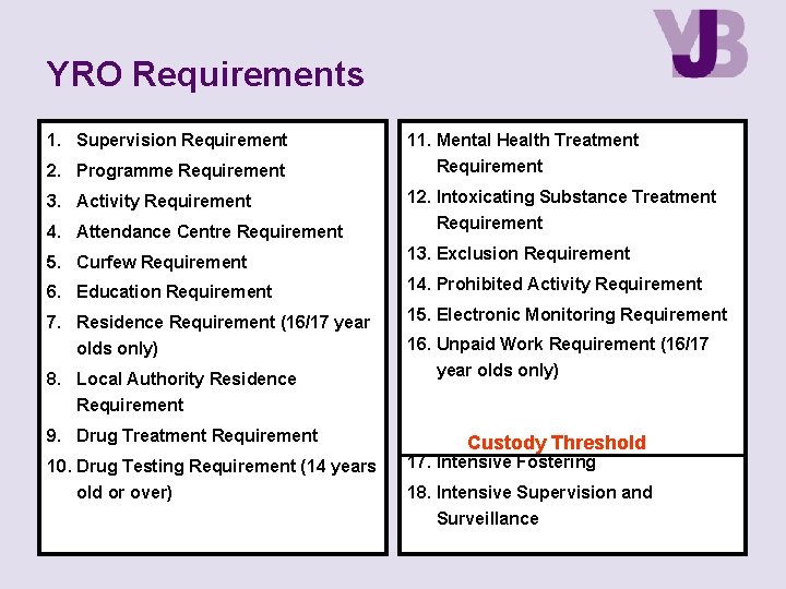YRO Requirements 1. Supervision Requirement 2. Programme Requirement 11. Mental Health Treatment Requirement 4.