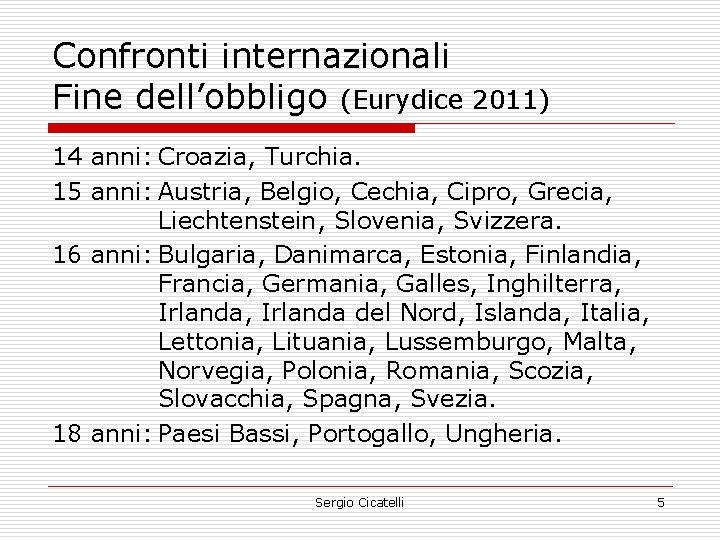 Confronti internazionali Fine dell’obbligo (Eurydice 2011) 14 anni: Croazia, Turchia. 15 anni: Austria, Belgio,