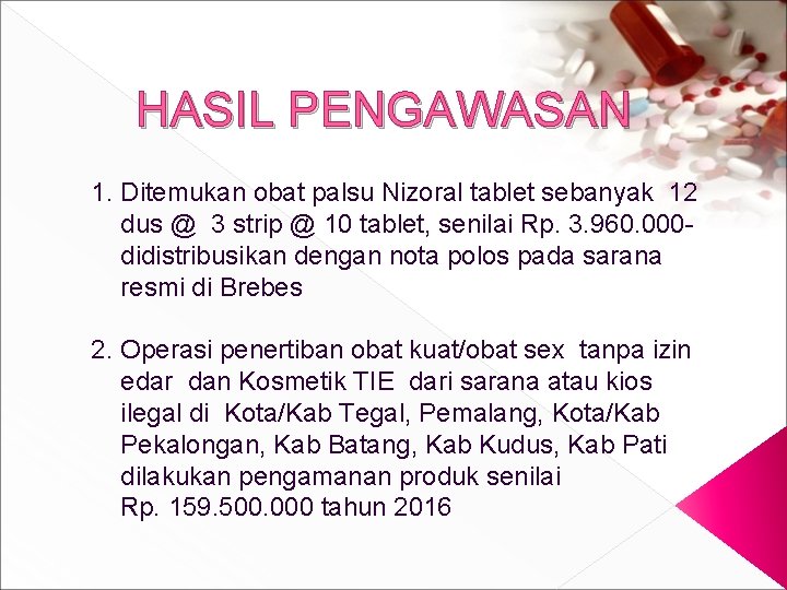 HASIL PENGAWASAN 1. Ditemukan obat palsu Nizoral tablet sebanyak 12 dus @ 3 strip